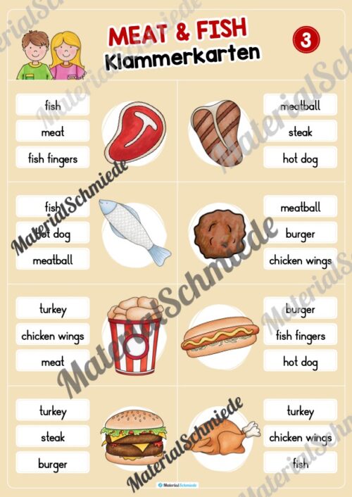Fleisch / Meat: Klammerkarten auf Englisch (Arbeitsblatt 03)