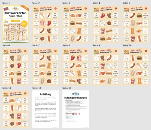 Fleisch / Meat: Klammerkarten auf Englisch (Überblick)