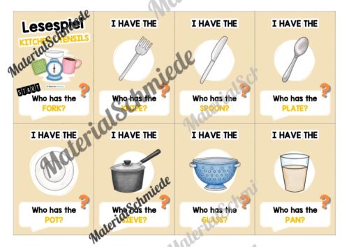 Küchenutensilien / Kitchen Utensils: Lesespiel auf Englisch (Arbeitsblatt 01)