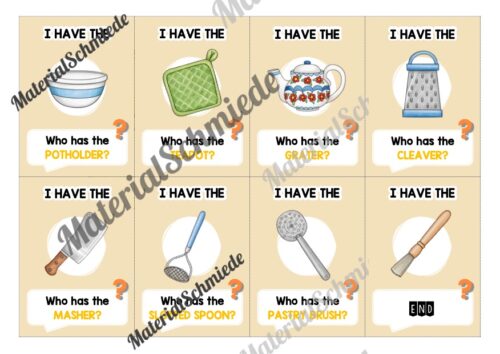 Küchenutensilien / Kitchen Utensils: Lesespiel auf Englisch (Arbeitsblatt 03)