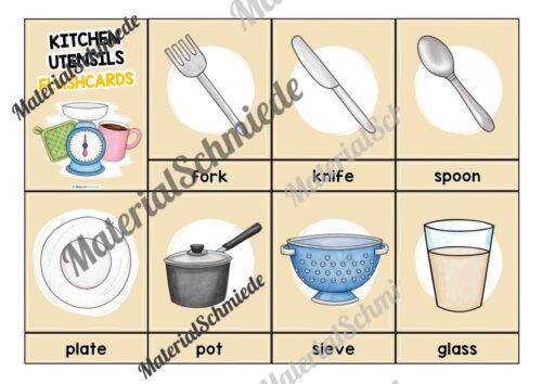 Küchenutensilien / Kitchen Utensils: 24 Bildkarten auf Englisch (Arbeitsblatt 01)