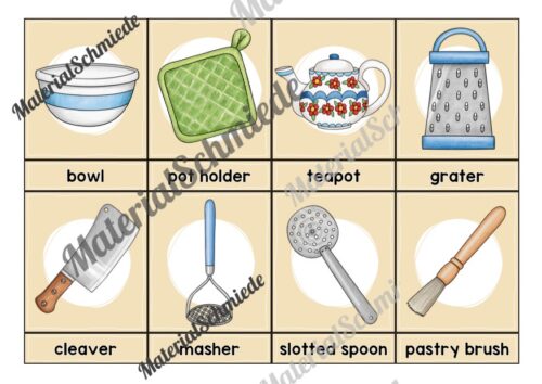 Küchenutensilien / Kitchen Utensils: 24 Bildkarten auf Englisch (Arbeitsblatt 03)