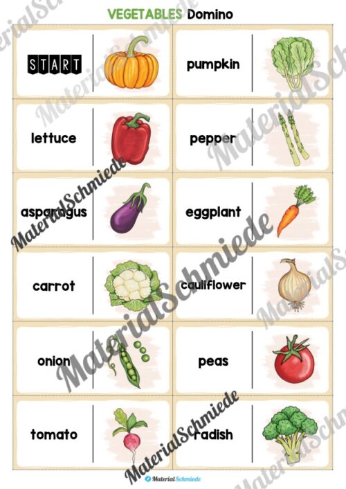 Gemüse / Vegetables: Domino auf Englisch (24 Stück) - Arbeitsblatt 01