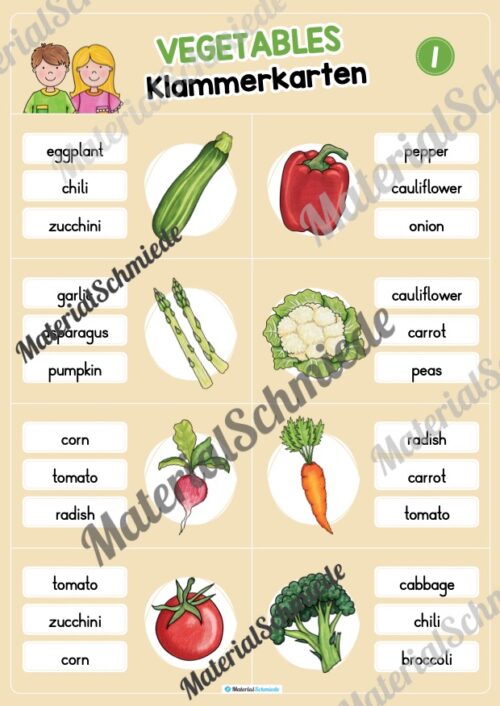 Gemüse / Vegetables: Klammerkarten auf Englisch (Arbeitsblatt 01)