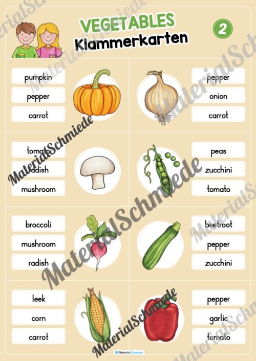 Gemüse / Vegetables: Klammerkarten auf Englisch (Arbeitsblatt 02)