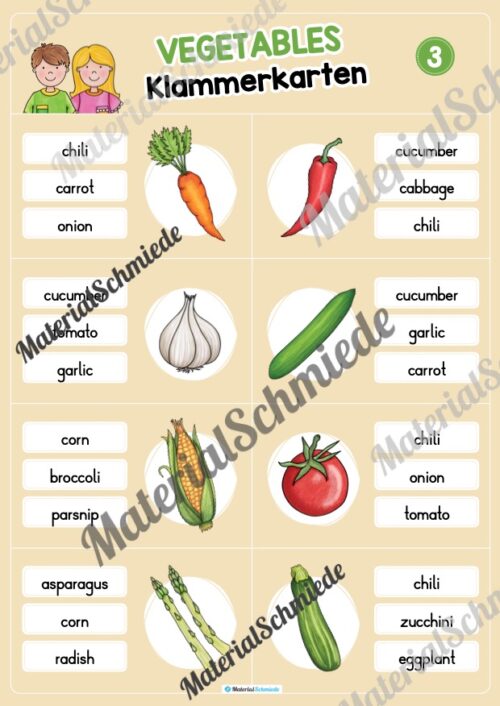 Gemüse / Vegetables: Klammerkarten auf Englisch (Arbeitsblatt 03)
