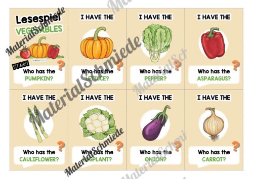 Gemüse / Vegetables: Lesespiel auf Englisch (Arbeitsblatt 01)