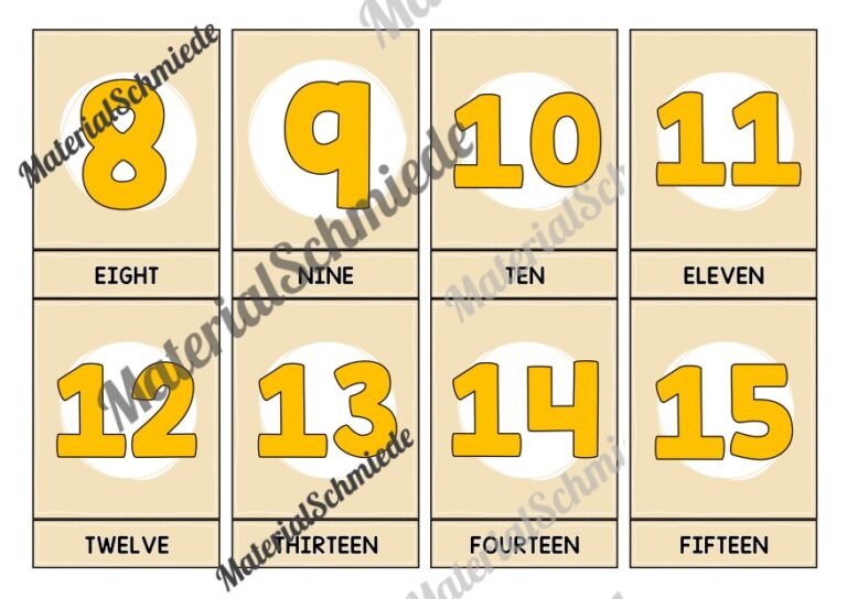 Zahlen / Numbers: Bildkarten auf Englisch (21 Karten) – Arbeitsblatt 02