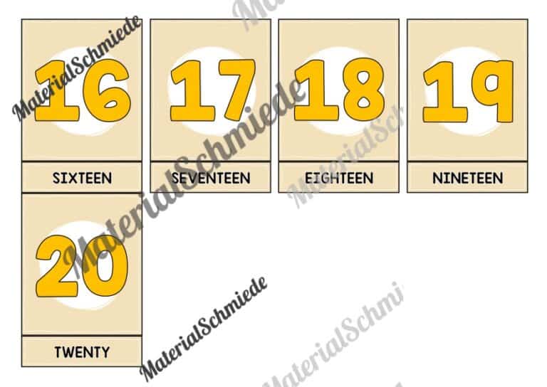 Zahlen / Numbers: Bildkarten auf Englisch (21 Karten) – Arbeitsblatt 03