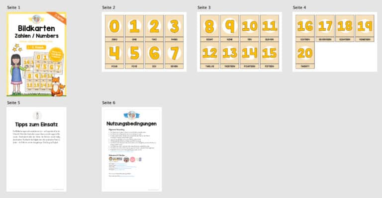 Zahlen / Numbers: Bildkarten auf Englisch (21 Karten) – Überblick