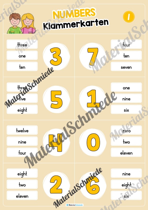 Zahlen / Numbers 0 – 12: Klammerkarten auf Englisch (Arbeitsblatt 01)