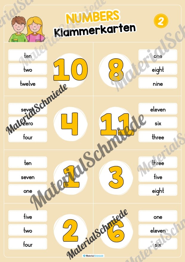Zahlen / Numbers 0 – 12: Klammerkarten auf Englisch (Arbeitsblatt 02)