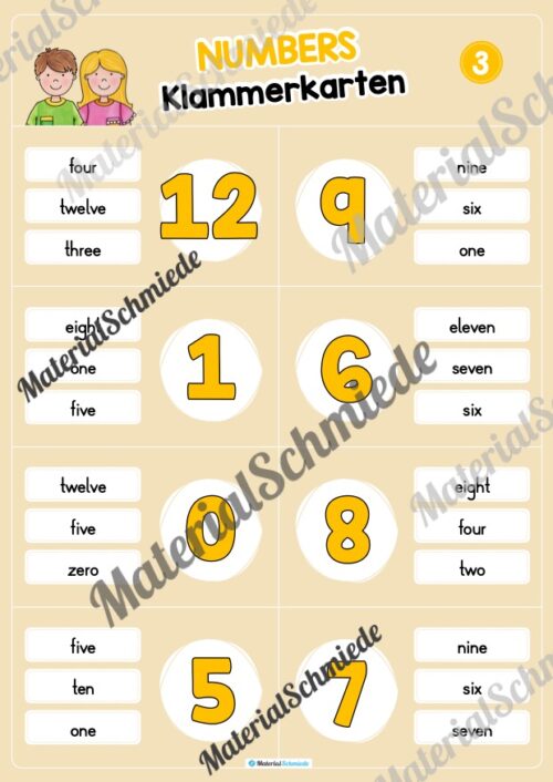 Zahlen / Numbers 0 - 12: Klammerkarten auf Englisch (Arbeitsblatt 03)