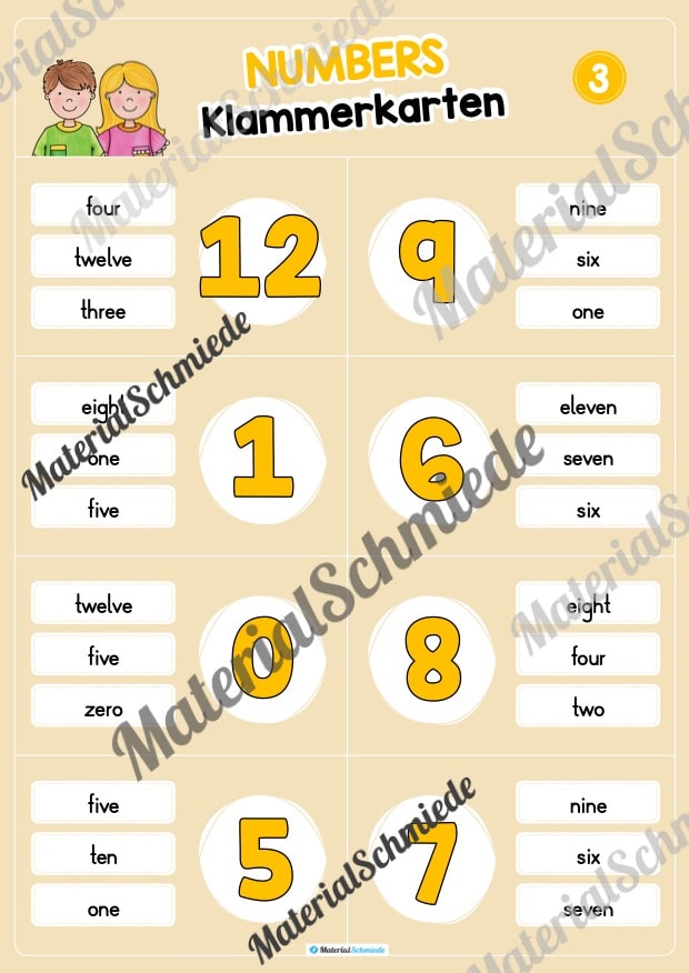 Zahlen / Numbers 0 – 12: Klammerkarten auf Englisch (Arbeitsblatt 03)