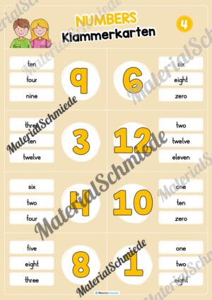Zahlen / Numbers 0 – 12: Klammerkarten auf Englisch (Arbeitsblatt 04)