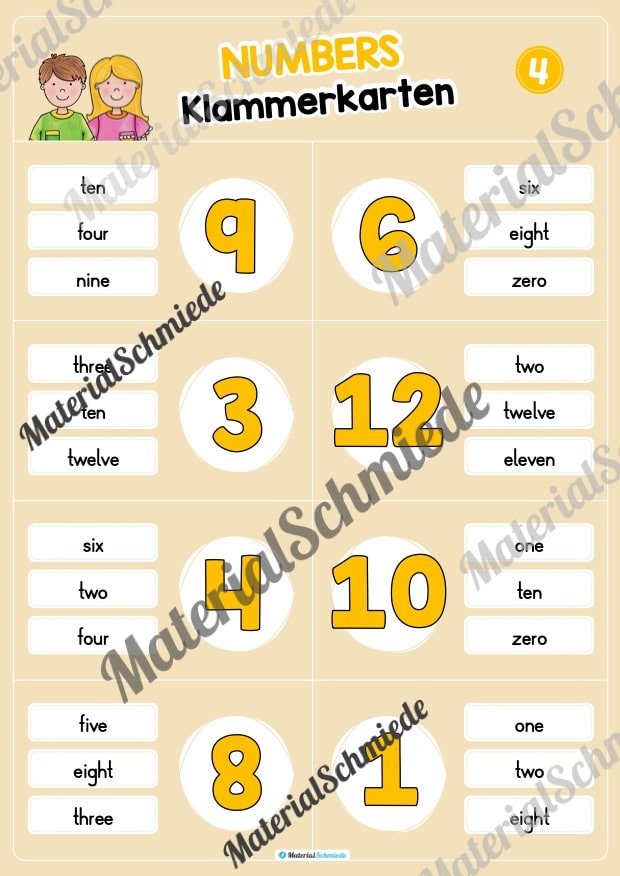 Zahlen / Numbers 0 – 12: Klammerkarten auf Englisch (Arbeitsblatt 04)