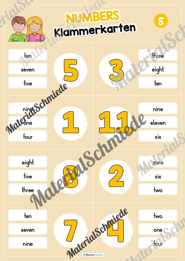 Zahlen / Numbers 0 – 12: Klammerkarten auf Englisch (Arbeitsblatt 05)