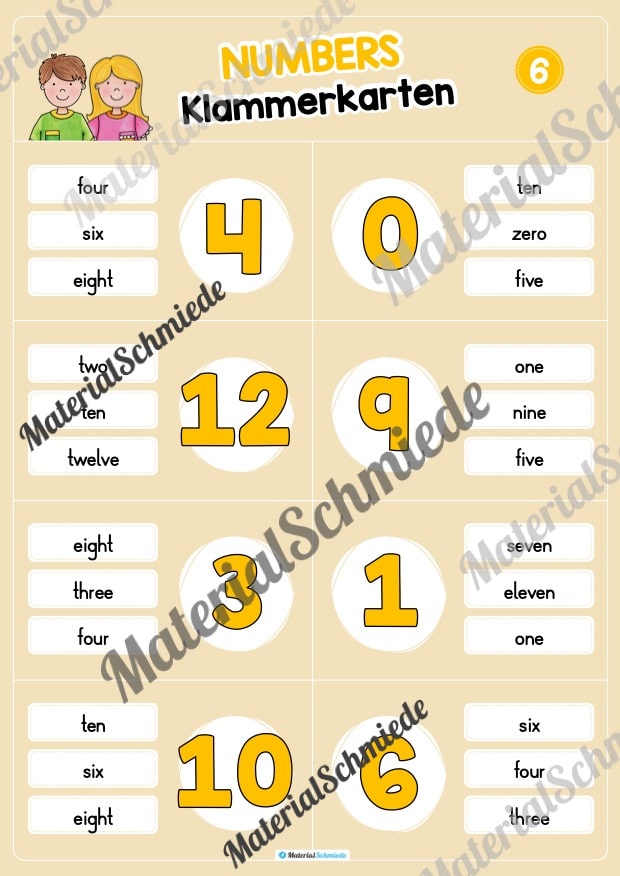 Zahlen / Numbers 0 – 12: Klammerkarten auf Englisch (Arbeitsblatt 06)
