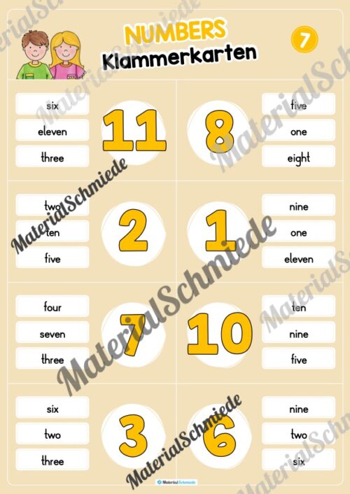 Zahlen / Numbers 0 - 12: Klammerkarten auf Englisch (Arbeitsblatt 07)