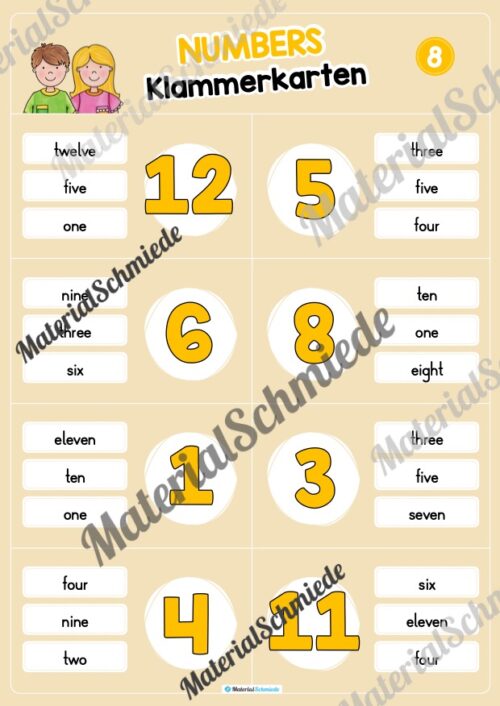 Zahlen / Numbers 0 - 12: Klammerkarten auf Englisch (Arbeitsblatt 08)