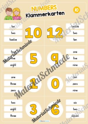 Zahlen / Numbers 0 – 12: Klammerkarten auf Englisch (Arbeitsblatt 10)