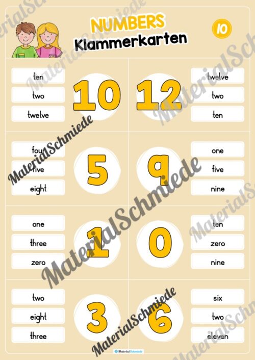 Zahlen / Numbers 0 - 12: Klammerkarten auf Englisch (Arbeitsblatt 10)