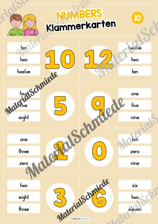 Zahlen / Numbers 0 – 12: Klammerkarten auf Englisch (Arbeitsblatt 10)
