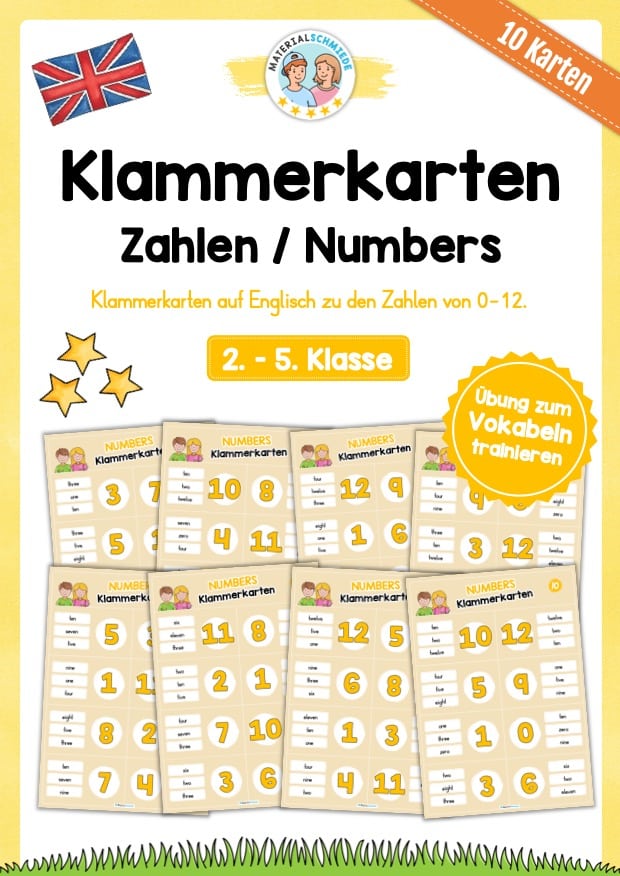 Zahlen / Numbers 0 – 12: Klammerkarten auf Englisch (10 Seiten)