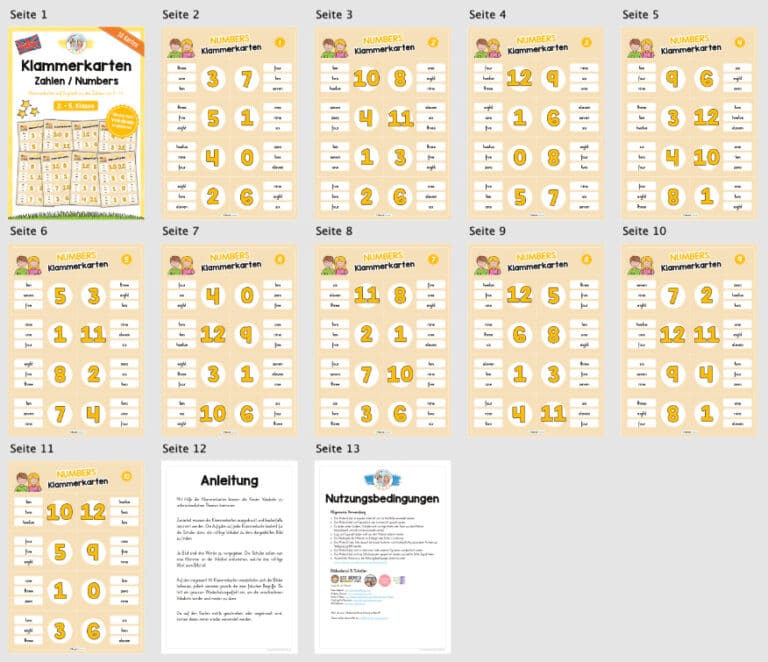 Zahlen / Numbers 0 – 12: Klammerkarten auf Englisch (Überblick)