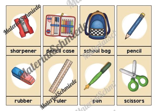 Schule / At school: 32 Bildkarten auf Englisch (Arbeitsblatt 01)