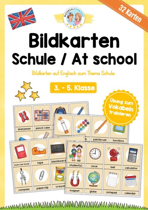 Schule / At school: 32 Bildkarten auf Englisch
