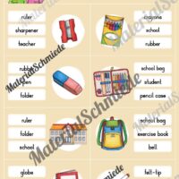 Schule / At school: Klammerkarten auf Englisch (Arbeitsblatt 01)