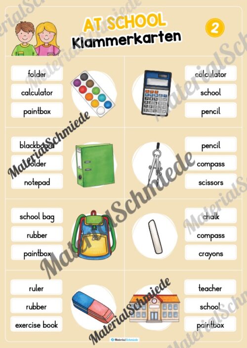 Schule / At school: Klammerkarten auf Englisch (Arbeitsblatt 02)
