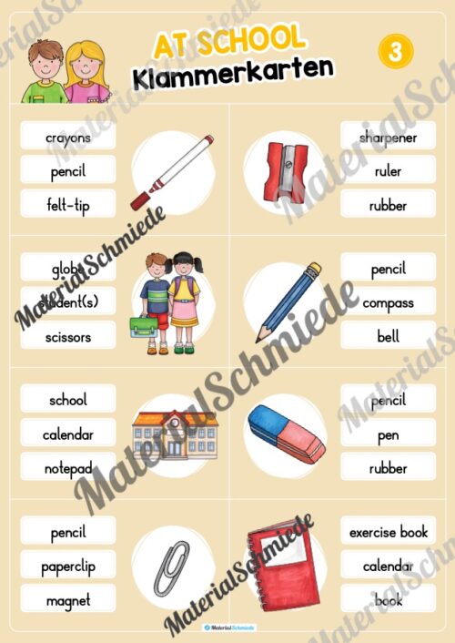 Schule / At school: Klammerkarten auf Englisch (Arbeitsblatt 03)