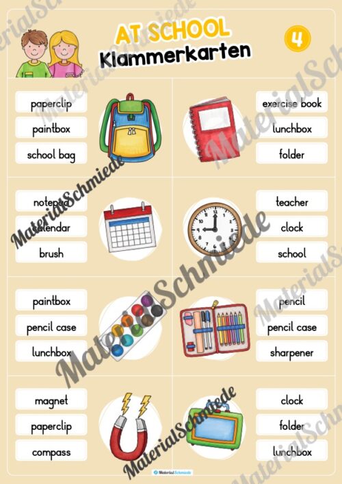Schule / At school: Klammerkarten auf Englisch (Arbeitsblatt 04)
