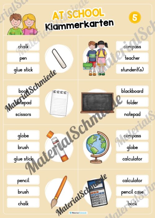 Schule / At school: Klammerkarten auf Englisch (Arbeitsblatt 05)
