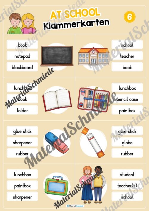 Schule / At school: Klammerkarten auf Englisch (Arbeitsblatt 06)