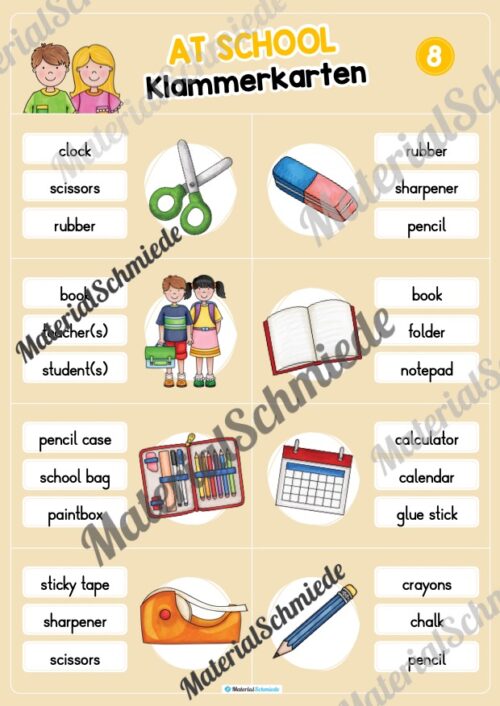 Schule / At school: Klammerkarten auf Englisch (Arbeitsblatt 08)