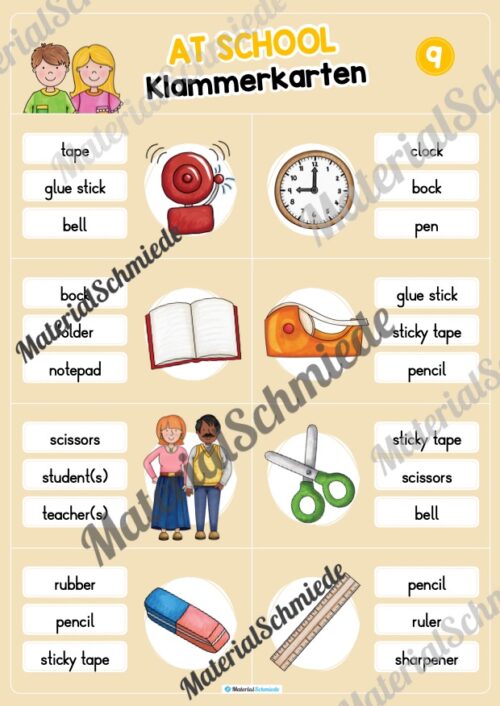 Schule / At school: Klammerkarten auf Englisch (Arbeitsblatt 09)