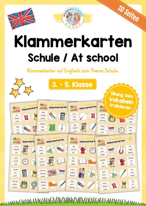 Schule / At school: Klammerkarten auf Englisch (10 Seiten)