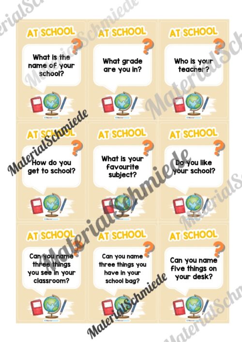 Schule / At school: Plauderkarten auf Englisch (Arbeitsblatt 01)