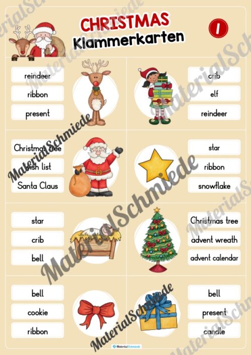 Weihnachten / Christmas: Klammerkarten auf Englisch (Arbeitsblatt 01)