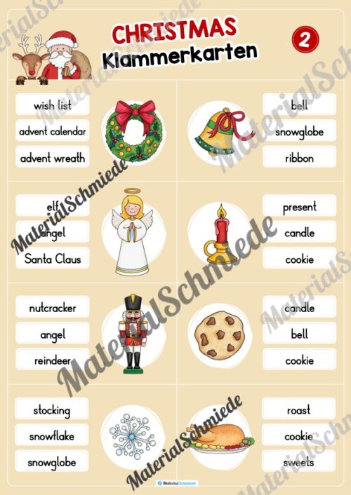 Weihnachten / Christmas: Klammerkarten auf Englisch (Arbeitsblatt 02)