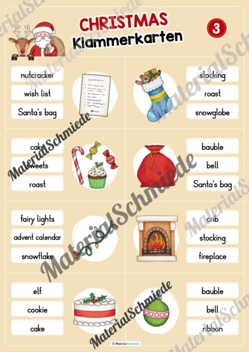 Weihnachten / Christmas: Klammerkarten auf Englisch (Arbeitsblatt 03)