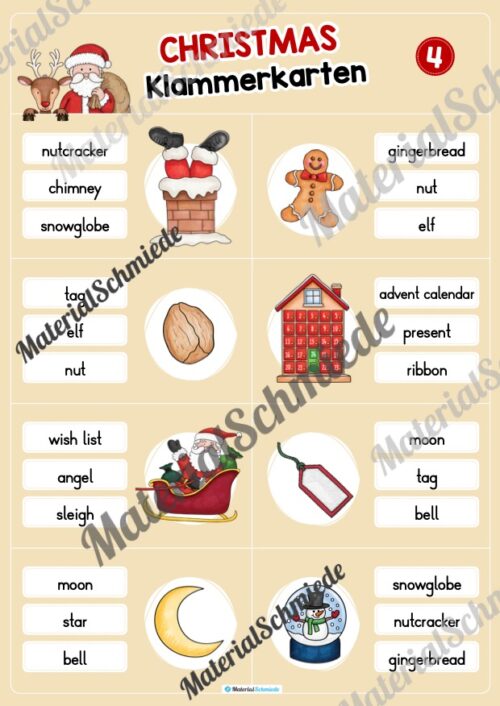 Weihnachten / Christmas: Klammerkarten auf Englisch (Arbeitsblatt 04)