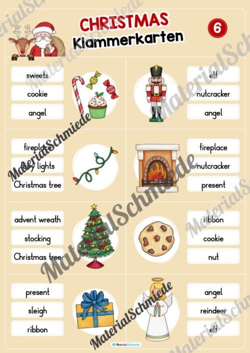 Weihnachten / Christmas: Klammerkarten auf Englisch (Arbeitsblatt 06)