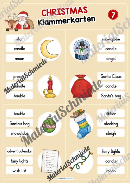 Weihnachten / Christmas: Klammerkarten auf Englisch (Arbeitsblatt 07)