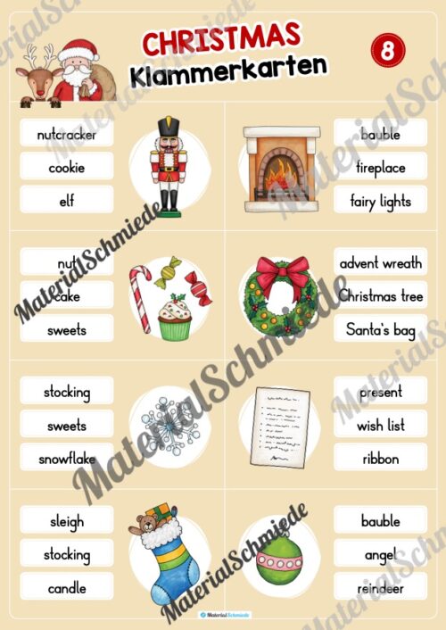 Weihnachten / Christmas: Klammerkarten auf Englisch (Arbeitsblatt 08)