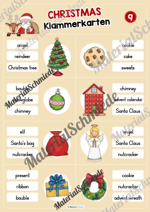 Weihnachten / Christmas: Klammerkarten auf Englisch (Arbeitsblatt 09)