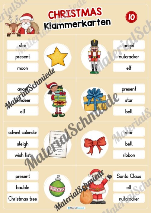 Weihnachten / Christmas: Klammerkarten auf Englisch (Arbeitsblatt 10)